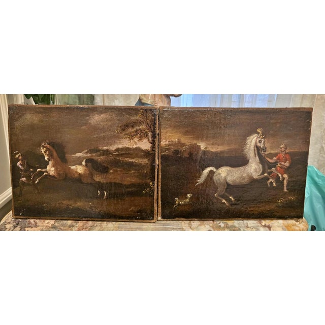Baroque Neapolitan School Artist, Landscapes with Equestrian Scenes, Oil Painting on Canvases, Set of 2 For Sale - Image 3 of 9