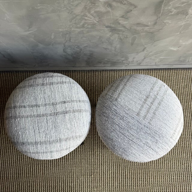 Wood Pair of Off-white Ottomans Made From Vintage Turkish Rugs With Wood Legs For Sale - Image 7 of 8