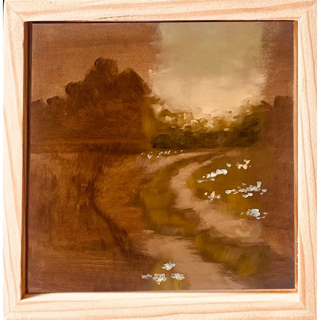The artwork depicts a winding path through a landscape bathed in warm, earthy tones, suggesting a serene journey into the...