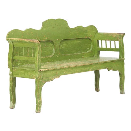 Rustic Folk Art Farmhouse Painted Pine Bench For Sale