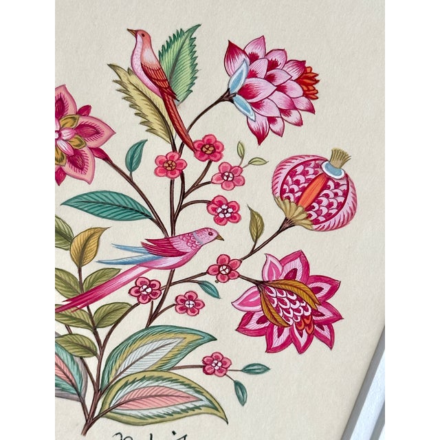 Folk Art Original Hand-Painted Floral & Bird Folk Painting, Framed For Sale - Image 3 of 3