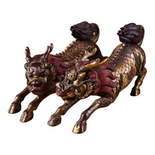 Pair of Antique Gilt Bronze Qilin Statues, Mythical Beast Figures, 1kg Each For Sale