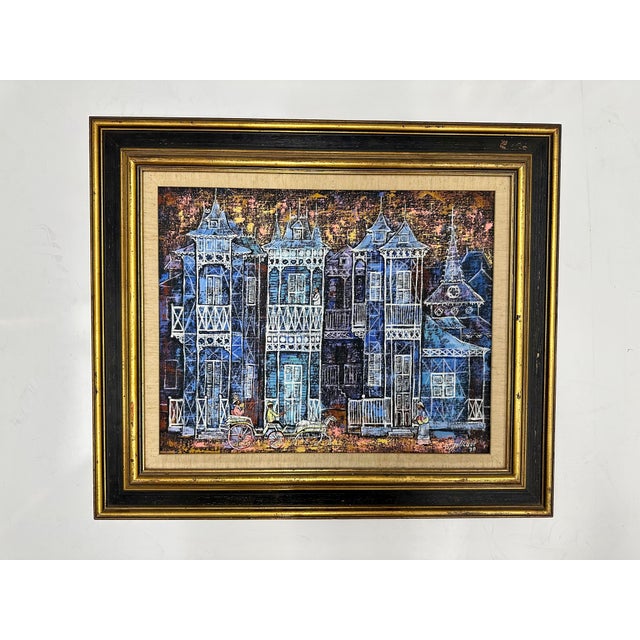 Blue Vintage Framed French Creole Street Scene For Sale - Image 8 of 8