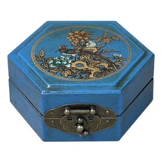 Oriental Cerulean Blue Flower Bird Graphic Hexagonal Container Box For Sale