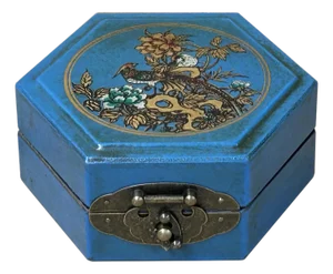 Oriental Cerulean Blue Flower Bird Graphic Hexagonal Container Box