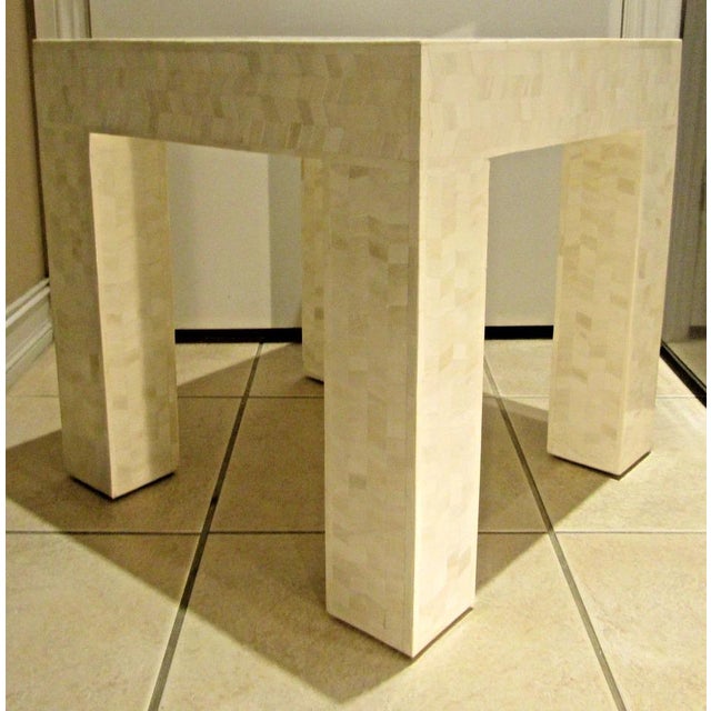 Off-white Matched Pair Tessellated Bovine Bone Parsons Style End Tables Circa 1980s For Sale - Image 8 of 12
