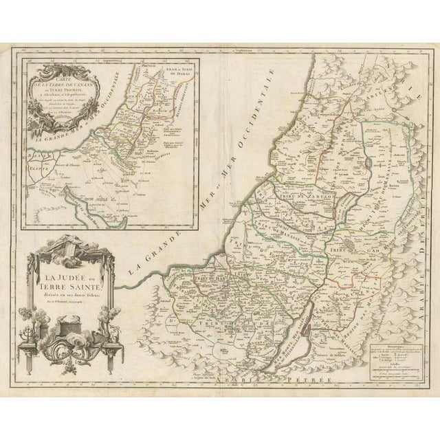 This finely engraved and hand-colored map depicts Judea, or the Holy Land, divided according to the Twelve Tribes of...