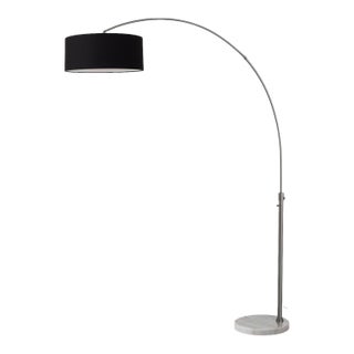 1960s 92" Nova of California Float Floor Lamp Mid Century Arc Lamp, Black Linen Shade, White Round Marble Base, Dimmable For Sale
