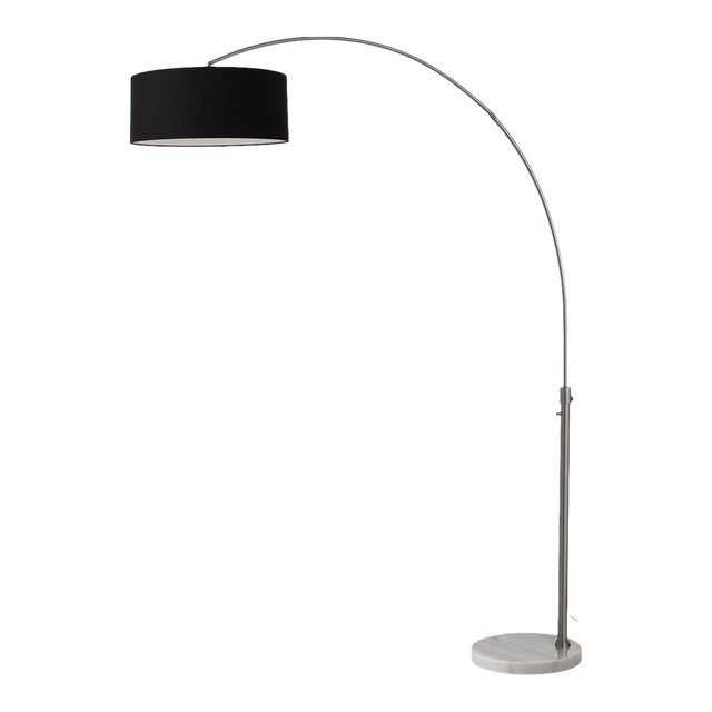 1960s 92" Nova of California Float Floor Lamp Mid Century Arc Lamp, Black Linen Shade, White Round Marble Base, Dimmable For Sale