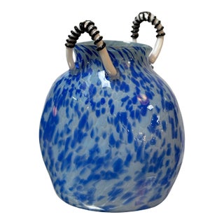 Circa 2000 Michael Fod Speckled Blue With White & Black Handles Vessel, Signed For Sale