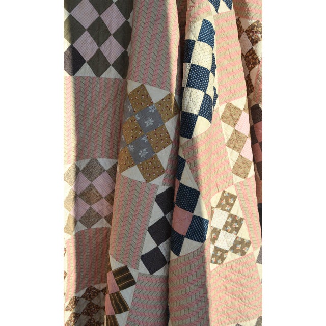 Early 20th C Hand-Quilted Variation of a Nine Patch Cotton Quilt. - For Sale - Image 9 of 11