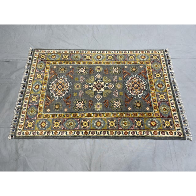 Art Deco Slate Gray Kazak Style Rug With Floral Medallions and Blue Border, 3'3" X 4'9" For Sale - Image 3 of 13