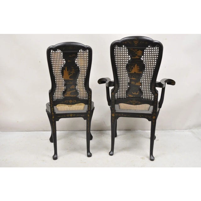 Antique Chinoiserie Queen Anne Hand Painted Floral Cane Dining Chairs - Set of 4 For Sale - Image 9 of 12