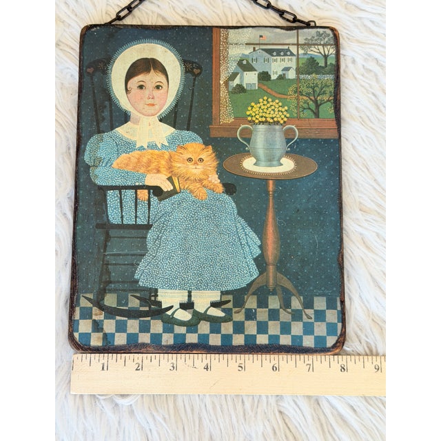 Late 20th Century Vintage Americana Folk Art Woman With Orange Cat Wood Wall Plaque For Sale - Image 5 of 5