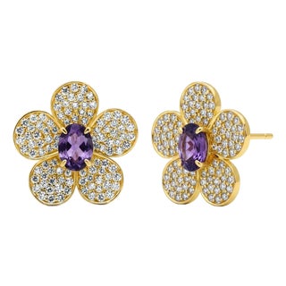 Five Petal Flower Earrings Studs With Amethysts, Silver, Gold, Pair For Sale
