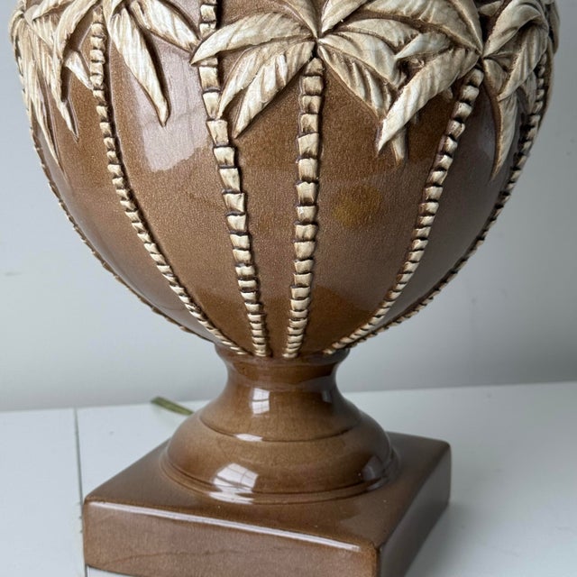 Brown 1970s Palm Tree Bamboo Relief Table Lamp For Sale - Image 8 of 10