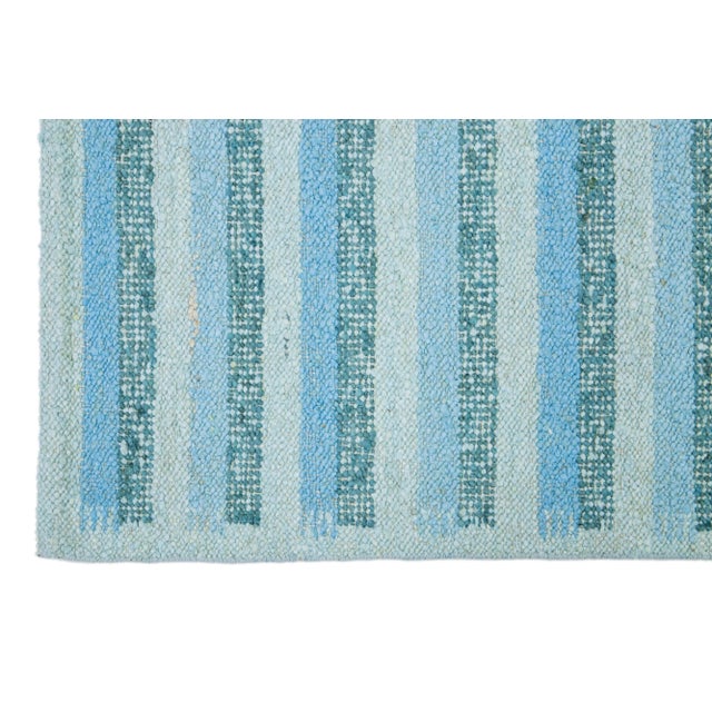 Modern Striped Swedish Style Wool Rug Handmade With Light Blue and Green Field For Sale In New York - Image 6 of 8