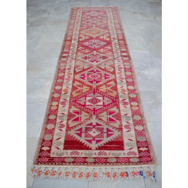 1970s Runner Kurdish Hand-Knotted Rug Pink Hallway Decor Kitchen Floor Accent 3x11 Ft Approx For Sale - Image 16 of 18