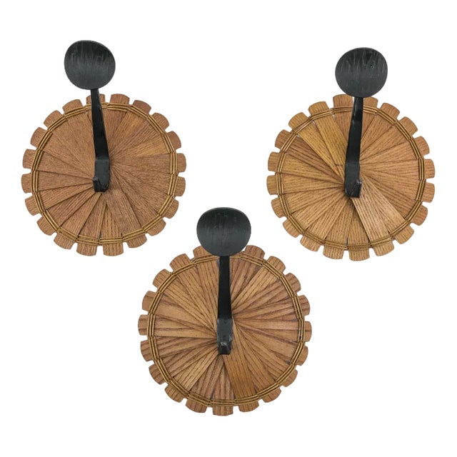 Scandinavian Coat Hooks in Wood, Wicker & Iron, 1960s, Set of 3 For Sale
