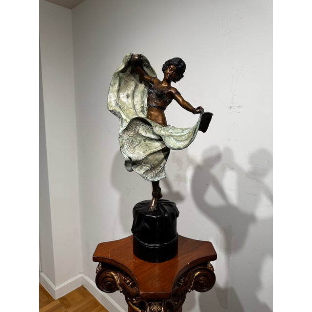 Late 20th Century Late 20th Century Large Art Deco Style Patinated Metal Dancer Sculpture With Neoclassical Wood Pedestal For Sale - Image 5 of 15