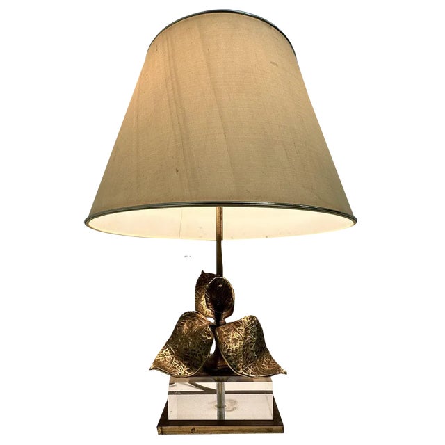 Hollywood Regency Design Table Lamp in Acrylic Glass with Brass Flower, 1970s For Sale