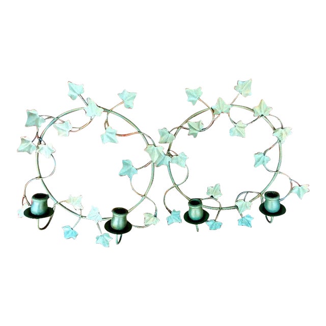 Vintage Ivy Leaf Mint & Gold Metal & Wood Candle Sconces - A Pair For Sale