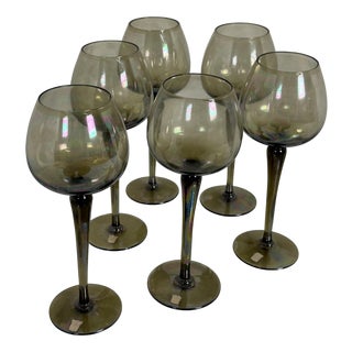 Luminescent Smoke Grey Wine Glasses, 1940s, Set of 6 For Sale