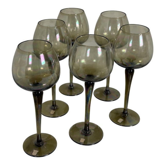 Luminescent Smoke Grey Wine Glasses, 1940s, Set of 6 For Sale