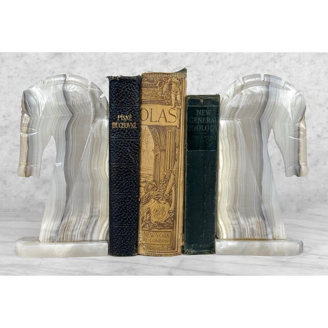 - Original Art Deco Equestrian Trojan Horse Bookends - Natural Onyx with a Polished Finish - Onyx Shows its Natural Charm...