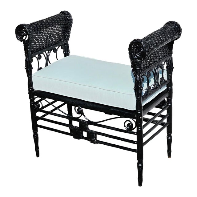 1920s Ebonized Ypsilanti Wicker Fiddlehead Vanity Bench For Sale