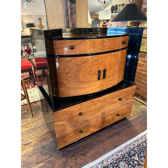 Rare Art Deco Glossy Lacquer Honey Walnut & Ebonized Wood Commode For Sale - Image 4 of 12