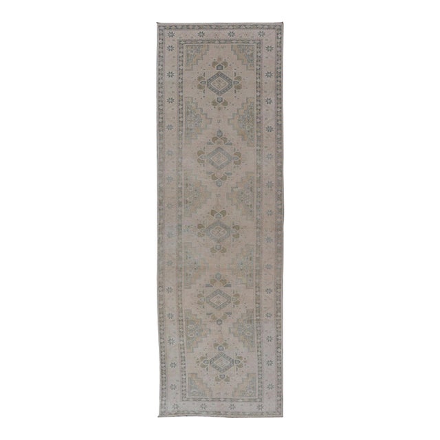 Vintage Turkish Oushak Runner in Neutral Tones, Taupe, Gray Green, Yellow For Sale