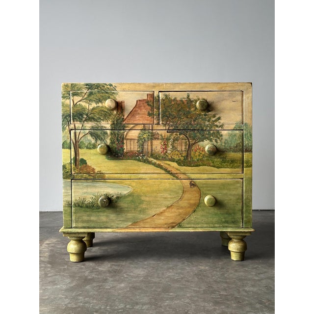 Late 19th Century Hand-Painted Cottage Landscape Chest of Drawers, 19th Century For Sale - Image 5 of 18