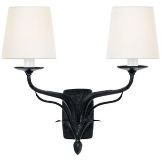 Chapman & Myers for Visual Comfort Signature Amalfi 15" Double Sconce in Waxed Black with Linen Shades For Sale