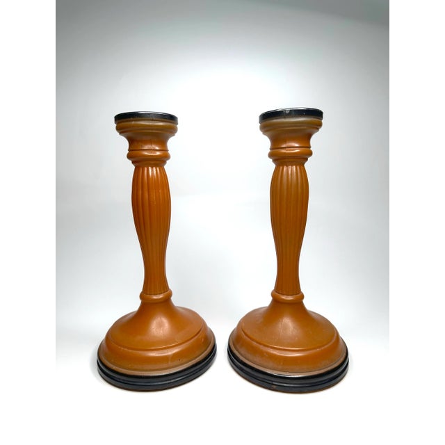 Art Deco Vintage Art Deco Orange & Black Czechoslovakian Glass Candlesticks, a Pair For Sale - Image 3 of 11