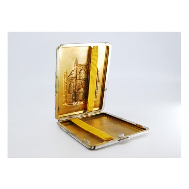 Metal Matte Silver Cigarette Case with Batalha Monastery in High Relief and Gilt Interior For Sale - Image 7 of 9