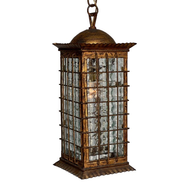 Spanish Gilt Metal Lantern With Textured Glass For Sale