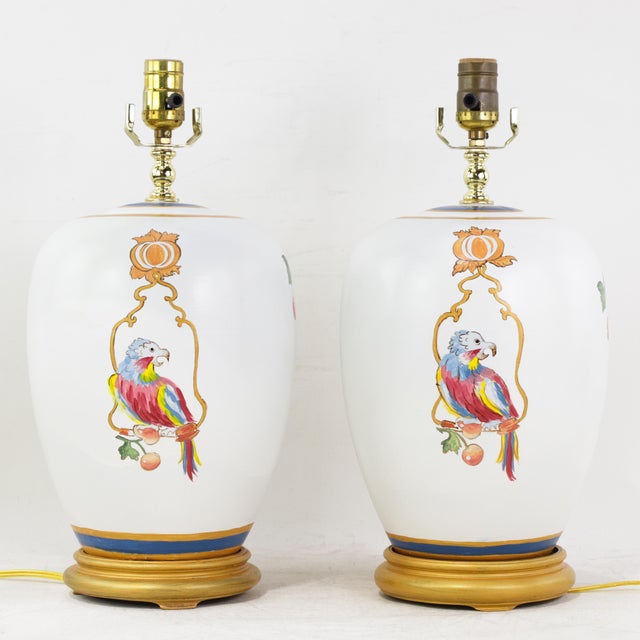 Vintage Hand-Painted Ceramic Table Lamps With Chinoiserie Parrots and Cherry Motif - a Pair For Sale - Image 14 of 14