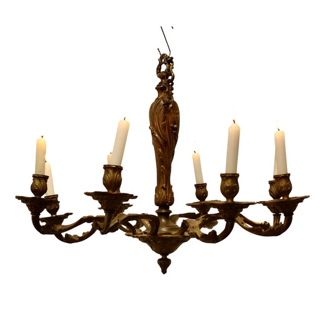 French Gilded Brass 8 Branch Rococo Chandelier Candleholder, 1890s For Sale
