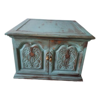 Vintage Hekman Carved Floral Cabinet / End Table - Distressed Turquoise Farmhouse Finish For Sale