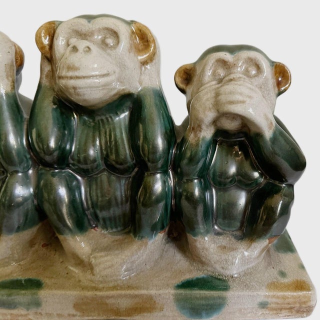 1930s Large Vintage 1930s 3 Monkeys Majolica Pottery Figurine - See Hear Speak No Evil For Sale - Image 5 of 6