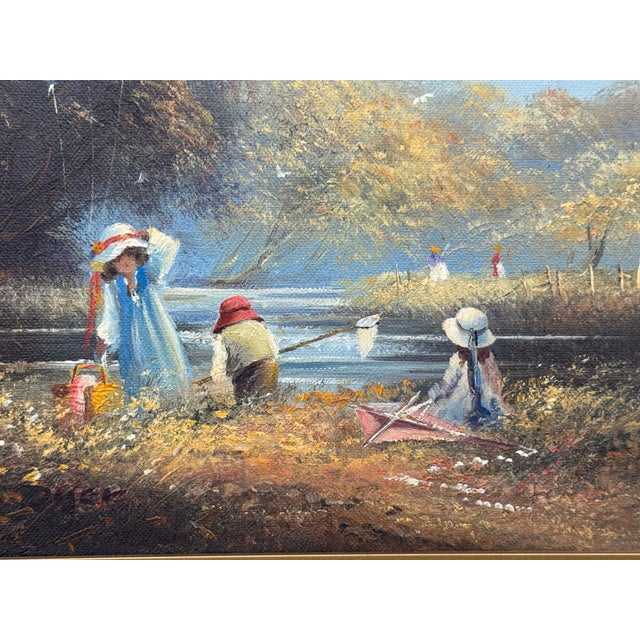 Oil Painting of Children Playing on Summers Day in the English Countryside 1980 Circa For Sale - Image 13 of 15
