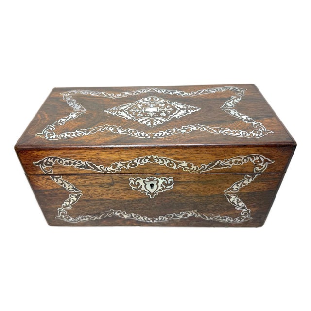 Antique 1800's English Inlaid Mother of Pearl Rosewood Wood Dual Tea Caddy Box For Sale