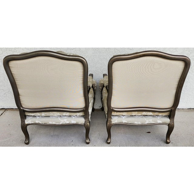 Taupe Vintage French Louis XV Armchairs Damask Linen Pair For Sale - Image 8 of 16