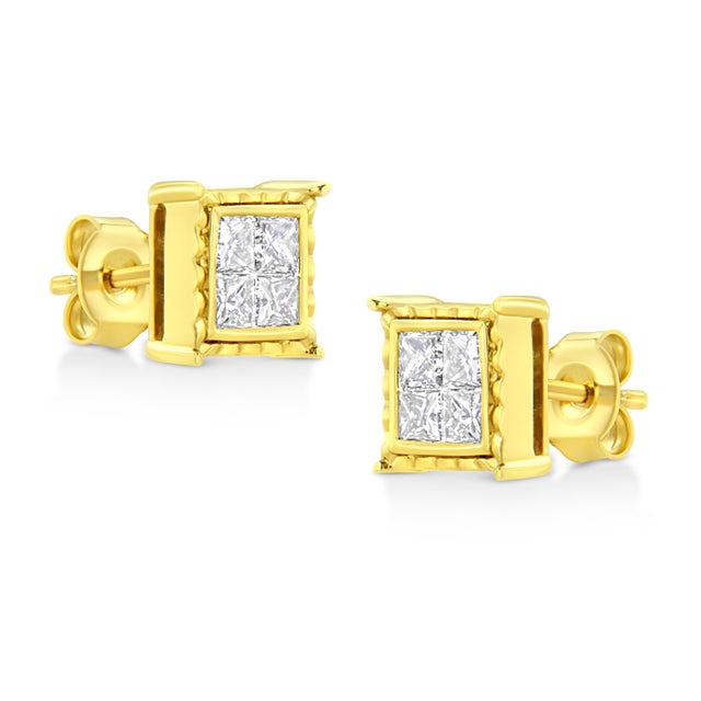 14K Yellow Gold 1.0 Cttw Invisible Set Princess-Cut Diamond Composite 8 Stone Stud Earrings, A Pair For Sale - Image 4 of 6