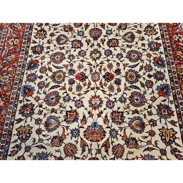 Ivory Vintage Persian Isfahan Rug, Hand-Knotted Wool, Allover Floral Pattern, Ivory & Red, 10x14 For Sale - Image 8 of 14