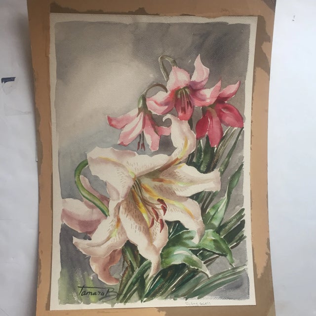 Paper Original Vintage Watercolor Floral Lillies Painting For Sale - Image 7 of 7