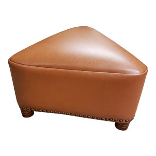 Modern Leather Upholstered Triangular Triangle Footstool With Brass Nails For Sale