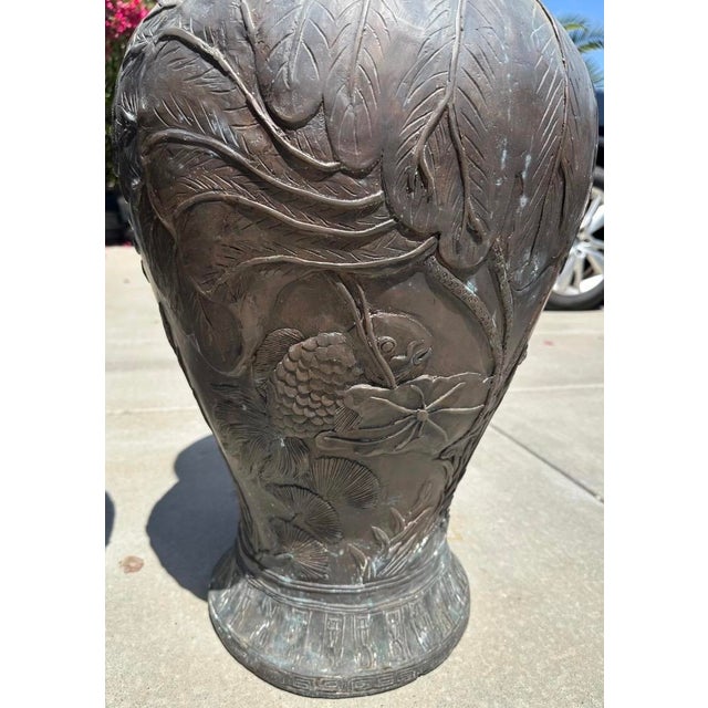 Metal Monumental Pair Japanese Meiji Bronze Floor Vases Koi Fish, Lotus Flowers & Lily Pads... For Sale - Image 7 of 18
