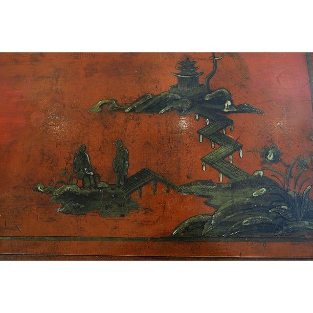 Wood Large Chest with Hand-Painted Red, Gold and Bronze Chinoiserie Motif, Sweden, 1920s For Sale - Image 7 of 8